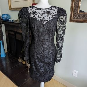 Vintage 80s Black Lace Sheer Sleeve Puff Shoulder Dress Small/Medium Wednesday